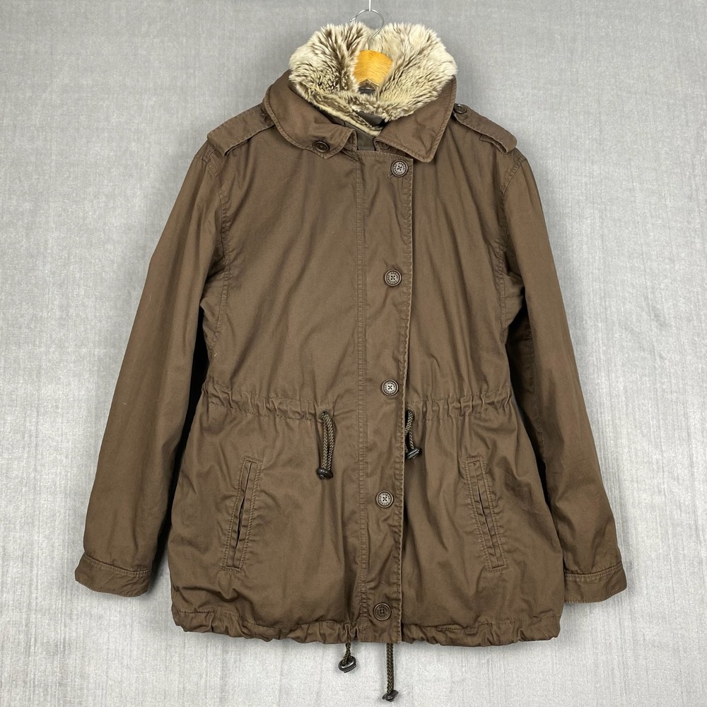 Armani Exchange Womens Parka Size M Brown Faux Fur Zip Out Lining Stowable Hood